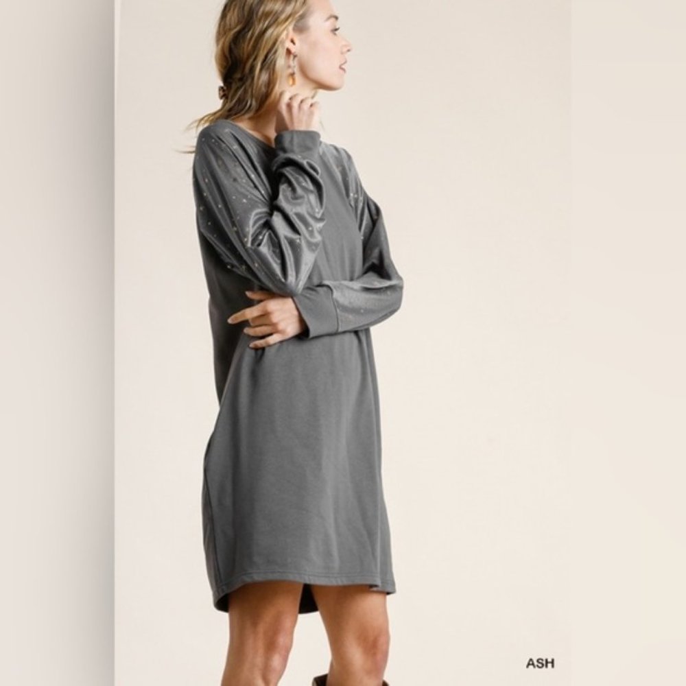 Umgee | Ash Gray Long Sleeve Raglan Sweatshirt Dress Winter Gold Star New Medium - Picture 7 of 14